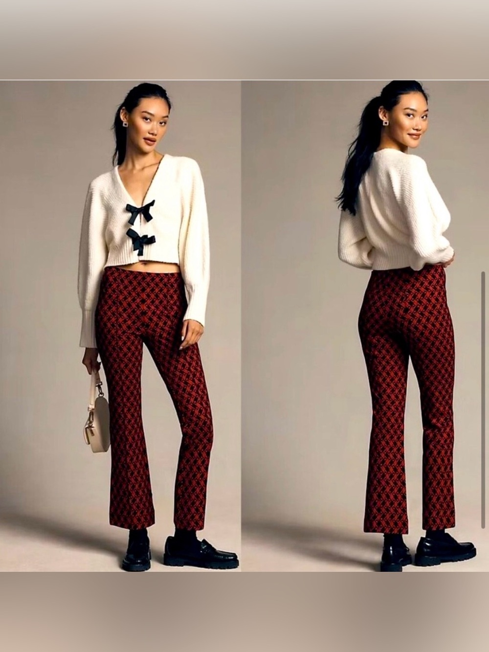 Anthropologie Maeve Margot Kick Flare Cropped Pants Red Black Medium
